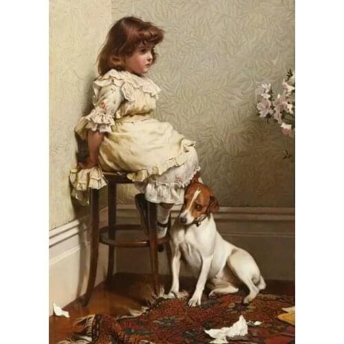 Girl and Dog on a Stool Needlework,Cross stitch kits Stylish for Embroidery,14CT White canvas DIY Handmade Decorative paintings