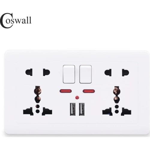 Coswall Wall Power Socket Double Universal 5 Hole Switched Outlet 2.1A Dual USB Charger Port LED indicator 146mm*86mm