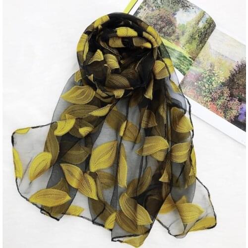Luxury Women scarf Leaves Embroidery Organza scarves shawls lady wraps female beach stole bandana Hijab Shawl bufandas mujer