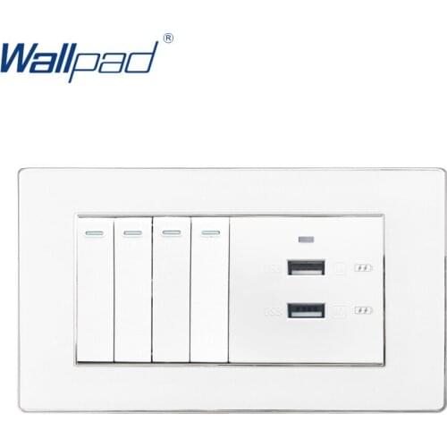USB Socket with 4 Gang 2 Way Switch Wallpad Wall Light Switch Acrylic Panel with Iphone Android USB Quicker Charger 3*6 Frame