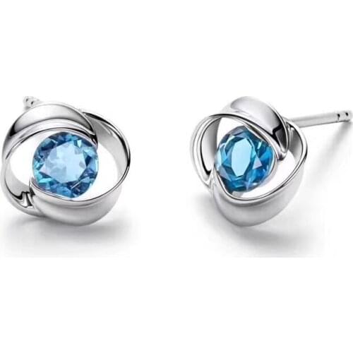 Natural blue topaz gem Fashion elegant round wave stud earrings Natural gemstone earrings S925 silver girl party gift jewelry