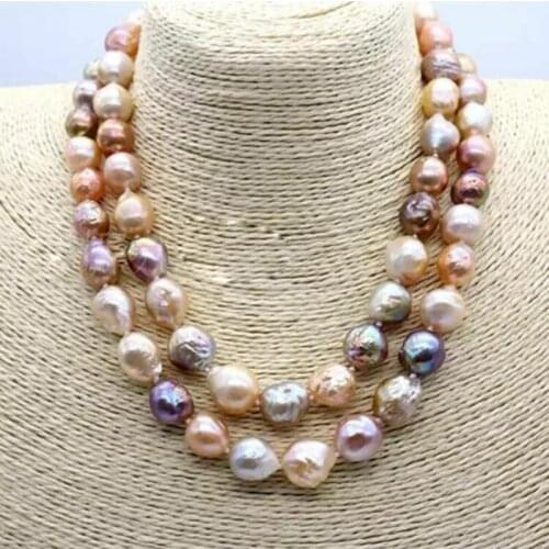 Two strands 11-12mm south sea baroque multicolor pearl necklace 38inch