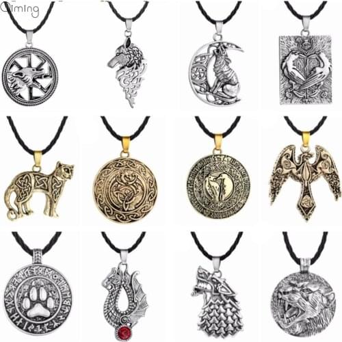 Viking Wolf Men Necklace Cat Dog Paw Bird Eagle Dragon Pendant Pagan Tibetan Amulet Odin Vintage Jewelry Animal Necklace Women