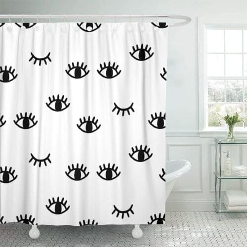 Black Wink with Open and Winking Eyes White Close Minimal Shower Curtain Waterproof 72 x 72 inches Set with Hooks