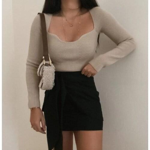 Women Short Knitted Pullovers Sweater 2021 Chic Stylish Solid Long Sleeve Square Collar Slim Top Shirts Casual Knitwear Sweaters
