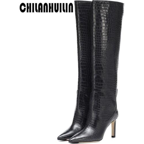 New brand shoes woman fashion pointed toe knee high gladiator boots black white microfiber leather sexy high heel riding boots