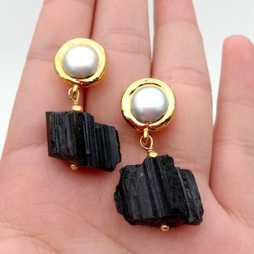 Cultured White freshwater Pearl Natural Black Tourmaline Rough gold color plated Stud Earrings for women ethnic style party