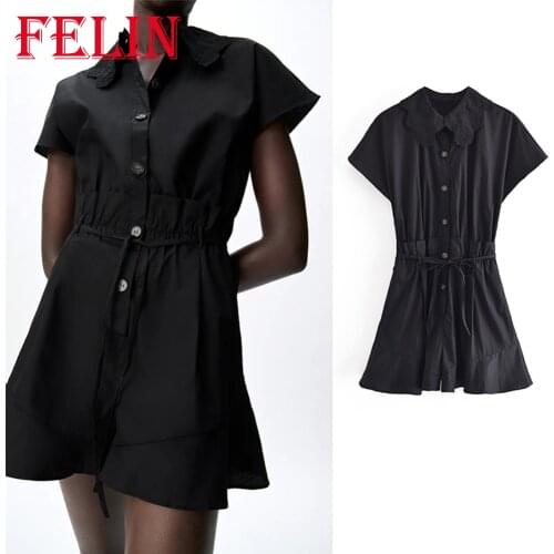 Women Chic Black Single Button Shirt Dress Playsuits Za 2021 Ruffles Embroidery Collar Sashes Shorts Jumpsuits Elegant Rompers