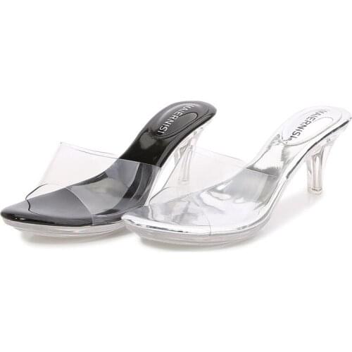 Women Casual Slippers Sexy Crystal Daily High Heel 6.5cm Shopping Crystal Mid-Heeled Iarge Size 35-41