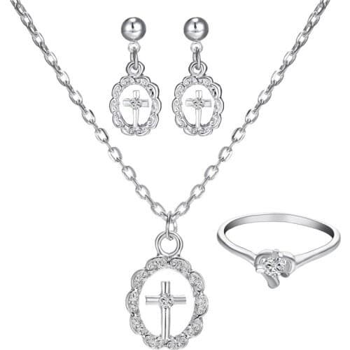 Womens/Girls Simple Design Round Cross Pendant Rhinestone Necklace Drop Earring Ring Jewelry Set gift