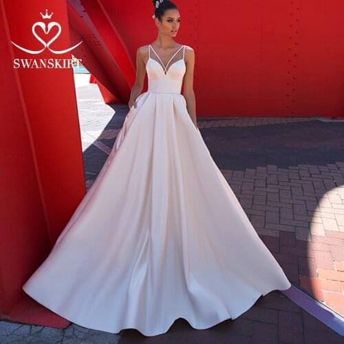 Fashion Sweetheart Satin Wedding Dress SwanSarah Simple A-Line With Pocket Court Train Bride Gown Princess Vestido De Noiva F136