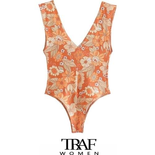 TRAF Za Women Fashion Floral Print Skinny Bodysuits Vintage Deep V Neck Backless Beach Female Playsuits Mujer