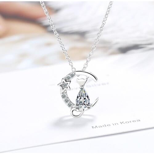 925 Sterling Silver Cute Moon Star Cat Charm Pendant Necklace Sparkling Cubic Zircon Clavicle Chain Jewelry For Women S-N521