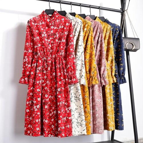 Women Corduroy Broken Flowers Autumn Winter Dress 2021 Elegant Stand Neck Flare Long Sleeve Midi Dresses Lady Button Tunic Dress