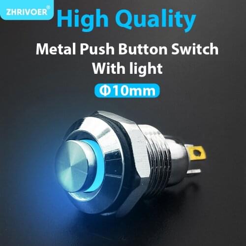 1pcs 10mm With LED indicator Self-reset Momentary Self-locking Latching Metal Push Button Switch 4pins high head 3v6v12v24v220v