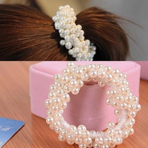 1pc Fashion Women Vintage Elastic Scrunchie Ponytail Holder Cute Pearl Rubber Rope Girls Hair Ties Accessories Headband Headwear
