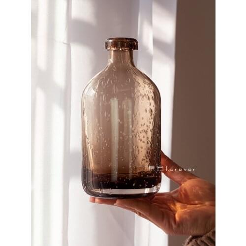 1pcs Vintage Transparent Glass Vase Home Dried Flower Arrangement Matching Ornaments High-Grade Greyish Black Bubble Bottle