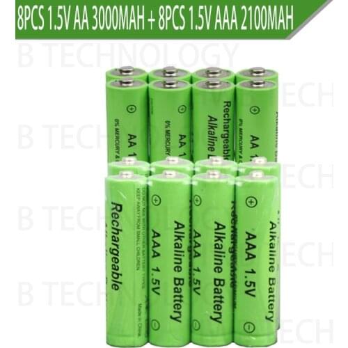 8pcs 1.5V AA 3000mah Alkaline Rechargeable battery + 8pcs 1.5V AAA 2100mAh Alkaline battery for led light toy mp3 Free shipping