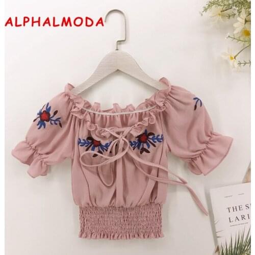 ALPHALMODA Short Sleeve Blouses