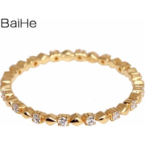 BAIHE Solid 14K Yellow Gold 0.11ct H/SI Round Natural Diamonds Wedding Women Trendy Elegant unique Gift Beautiful diamond Ring