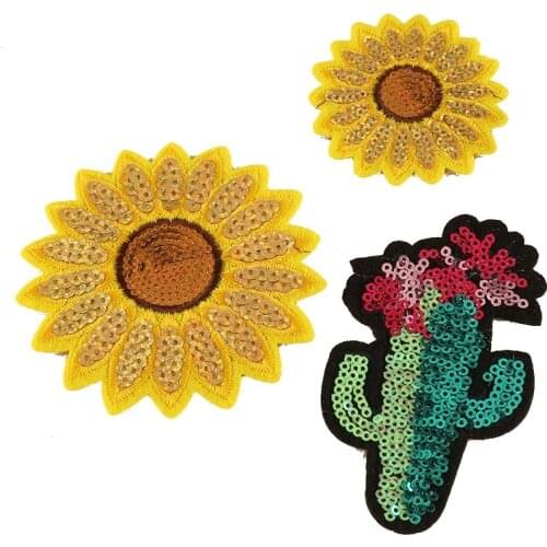 Sequins Sunflowers Cactus Patch for Clothing Iron on Embroidered Sew Applique Cute Fabric Badge Garment DIY Apparel Accessory