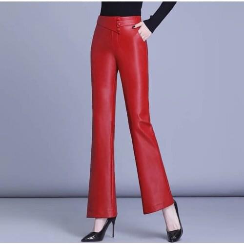 Spring Fall Women High Waisted Pu Leather Red Black Flare Pants , Woman Casual Clothes 4xl 5xl Slim Trousers