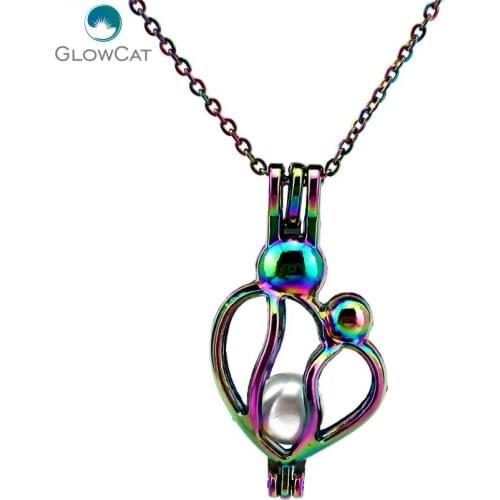 C586 Rainbow Color Heart Mom Baby Bead Pearl Cage Necklace Pendant Aroma Essential Oil Diffuser Locket Necklace