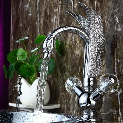 EMS Free shipping chrome finish Single hole bathroom basin sink swan mixer faucet crystal double handles