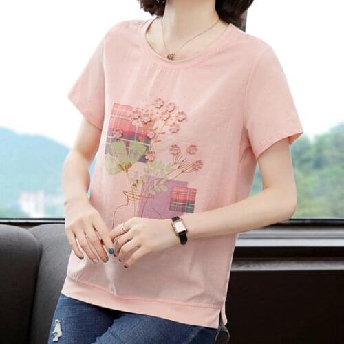 Shintimes Appliques Print Floral T Shirt Women 2021 New Summer Tops T-Shirt Cotton Korean Fashion Woman Clothes Tee Shirt Femme