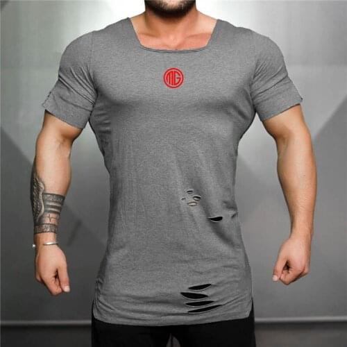 Brand Clothing Fitness Extend Long T Shirt Men Fashion Vintage Hole Hip Hop T-shirt Summer Short Sleeve Slim Fit Gyms Tshirt