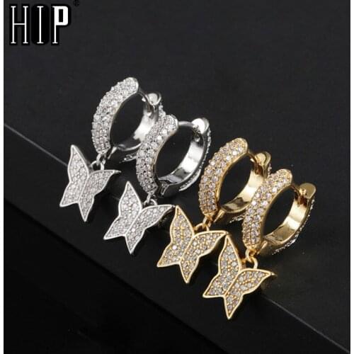 Hip Hop 1Pair Iced Out Bling Cubic Zircon Butterfly Stud Earring Rock For Men Women Jewelry