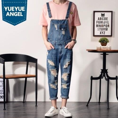 Overalls Men Summer Fashion Hole Ripped Straight Loose Fit Casual Jumpsuit Washed Zipper Ankle-Length Pants Man Plus Size