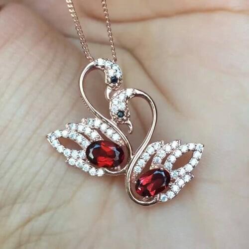 Natural red garnet pendant S925 silver Natural gemstone Pendant Necklace trendy romantic Double Swan women wedding fine jewelry