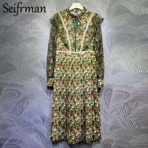 Seifrmann New 2021 Summer Women Fashion Designer Party Midi Dress Ruffles Lace Lantern Sleeve Printed Ladies Pleated Dresses