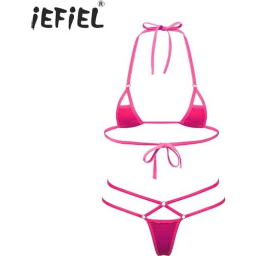 Summer Women Halter Neck Strappy Bikini Set Lingerie Suit Lace-up Bra Tops with Cutout Underwear Solid Color Micro Swimsuit