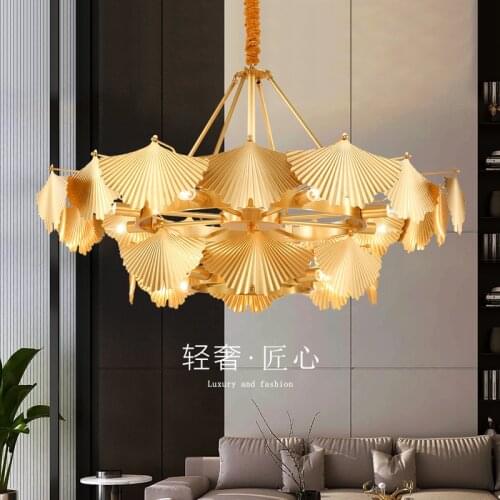 American copper living room chandelier bedroom lamp retro fan-shaped ginkgo leaf restaurant creative exhibition hall lamps