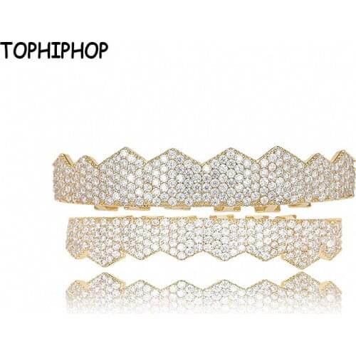 MATHALLA Pavé Cubic Zircon Stone Tooth Grill Top and Bottom Grill Gold Silver Cosplay Party Jewelry Ladies Jewelry