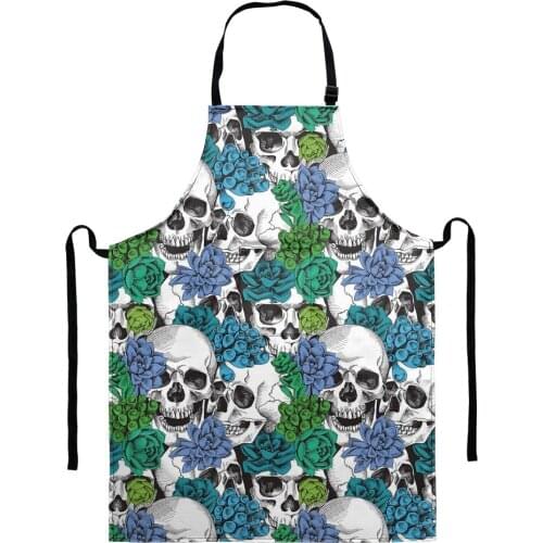 Fashion Colorful Rose Skull Printed Apron for Women Adjustable Household Cleaning Pinafore Home Kitchen Cooking Sleeveless Apron