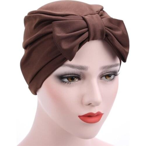 Muslim Headscarf bowknot Hat Solid Satin Bonnet Turban Wide Band Summer Thin Elastic Caps Indian Inner femme Hat Head Cover Wrap