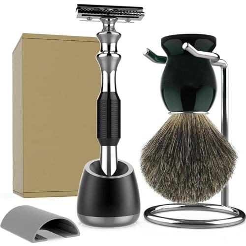 Anbbas Shaving Brush and Razor Set, Best Badger Hair Black Wood Handle Barber Safety Razor and Holder Stand for Mens Wet Shave