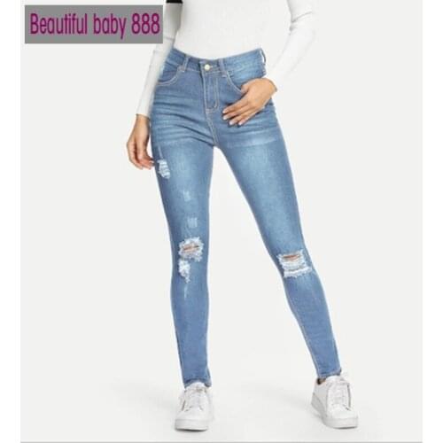 Meqeiss 2020 New Clothes Women Jeans Woman Slim pants Washed Ripped Hole Gradient Long Jeans Denim Sexy Regular Pants trousers