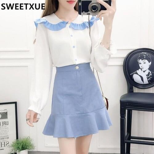 SWEETXUE 2021 Spring New Set Women Cute Kawaii Set Chiffon Shirt Mermaid Ruffle Mini Skirt Two-Piece Suit Fashion Lady