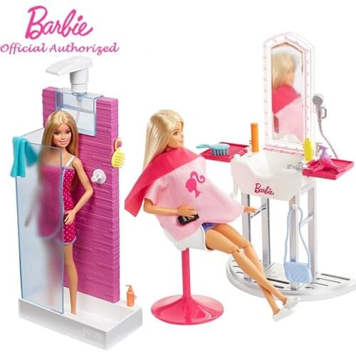 Original Barbie Doll & Furniture Play Set Styles May Vary DVX51 Pretend Doll Hair Wash and cut Bathroom Accessory Best Birthday