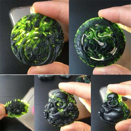 1pc Natural Black Green Jade Pendant Buddhism Dragon Phoenix Good Lucky Amulet