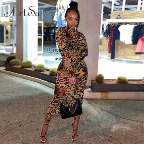 Artsu Mesh Farbic Leopard Pattern Print Maxi Dresses For Women Sexy See Through Ruffle Skinny Dress Attractive Club 42104