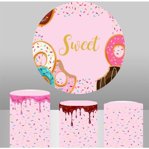 Sweet pink Donuts Circle Photography Backgrounds girl 1st Birthday Party Backdrops baby shower column cylinder covers Y-642