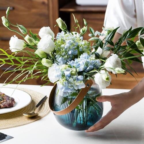 MDZF SWEETHOME Glass Wall Vase With Leather Handle Tabletop Flower Container Decoration Vase Nordic Glass Storage Jar Bottle