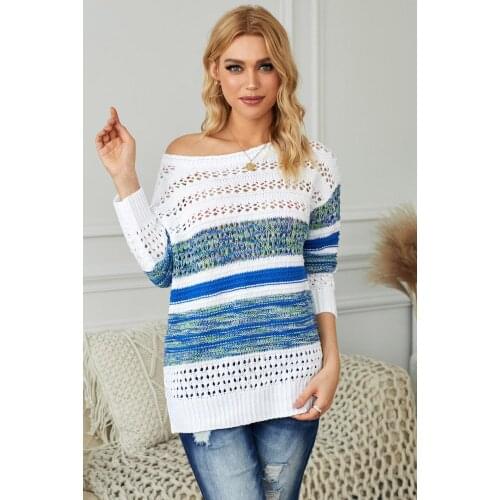 Blue/Purple/Brown Loose Openwork Round Neck Sweater Women Fashion Casual Colorful Striped Comfy Pullover Plus Size S-2XL Sweater