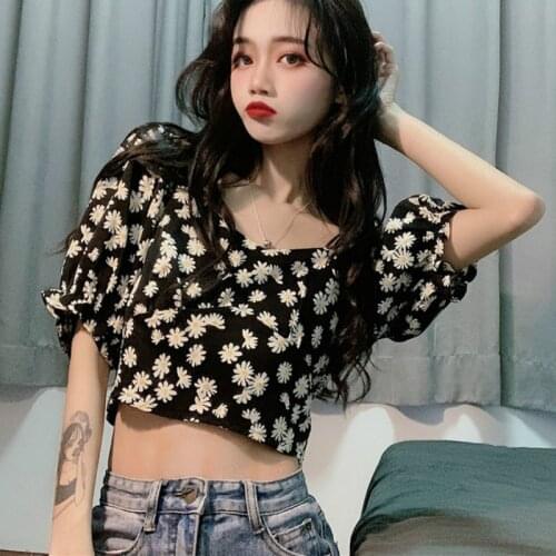 Hot crop top women daisy Short blouse vintage 2020 summer fashion print Floral shirt Casual Chiffon women blouses boho tops