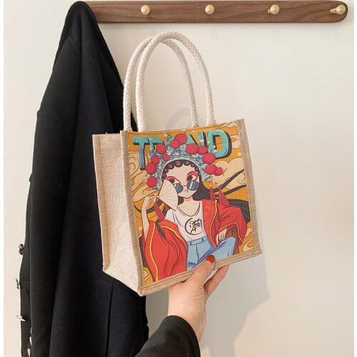 Vintage Designer Printing Burlap Handbag Women Fashion Small Tote Bags Reusable Pouch Cartoon Jute Hessian Eco Grocery Shopper